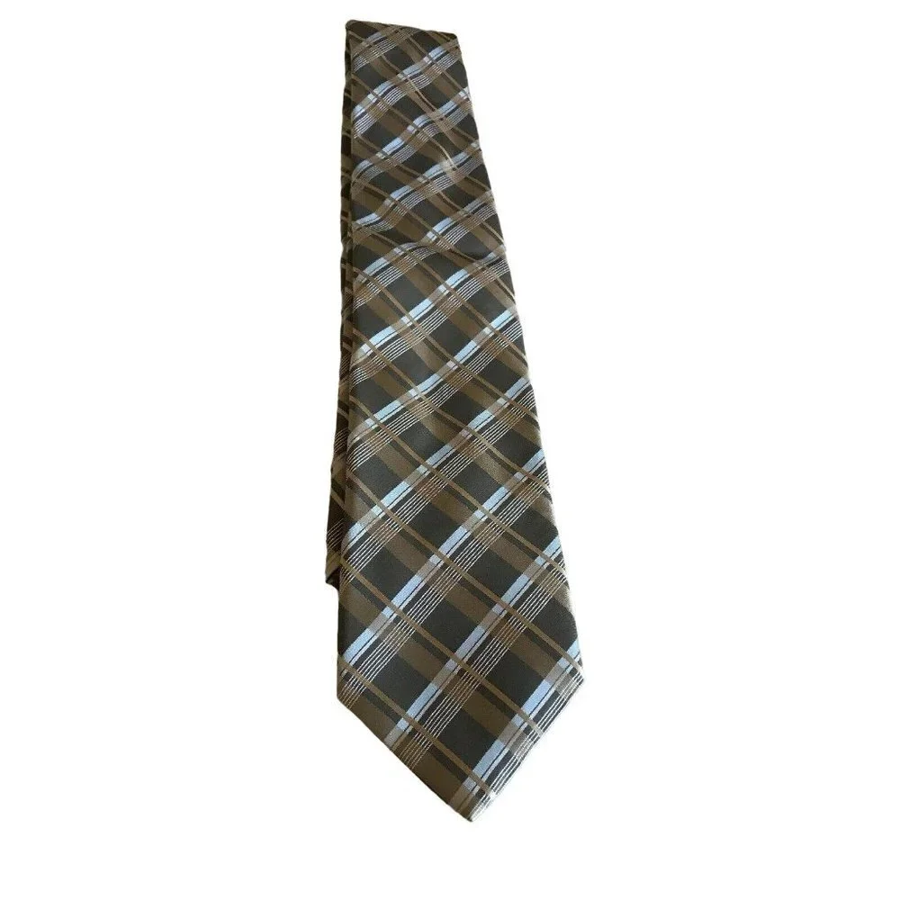 Calvin Klein Neutral Tan Taupe Blue Plaid‎ 100% Silk Tie 3.25” Necktie